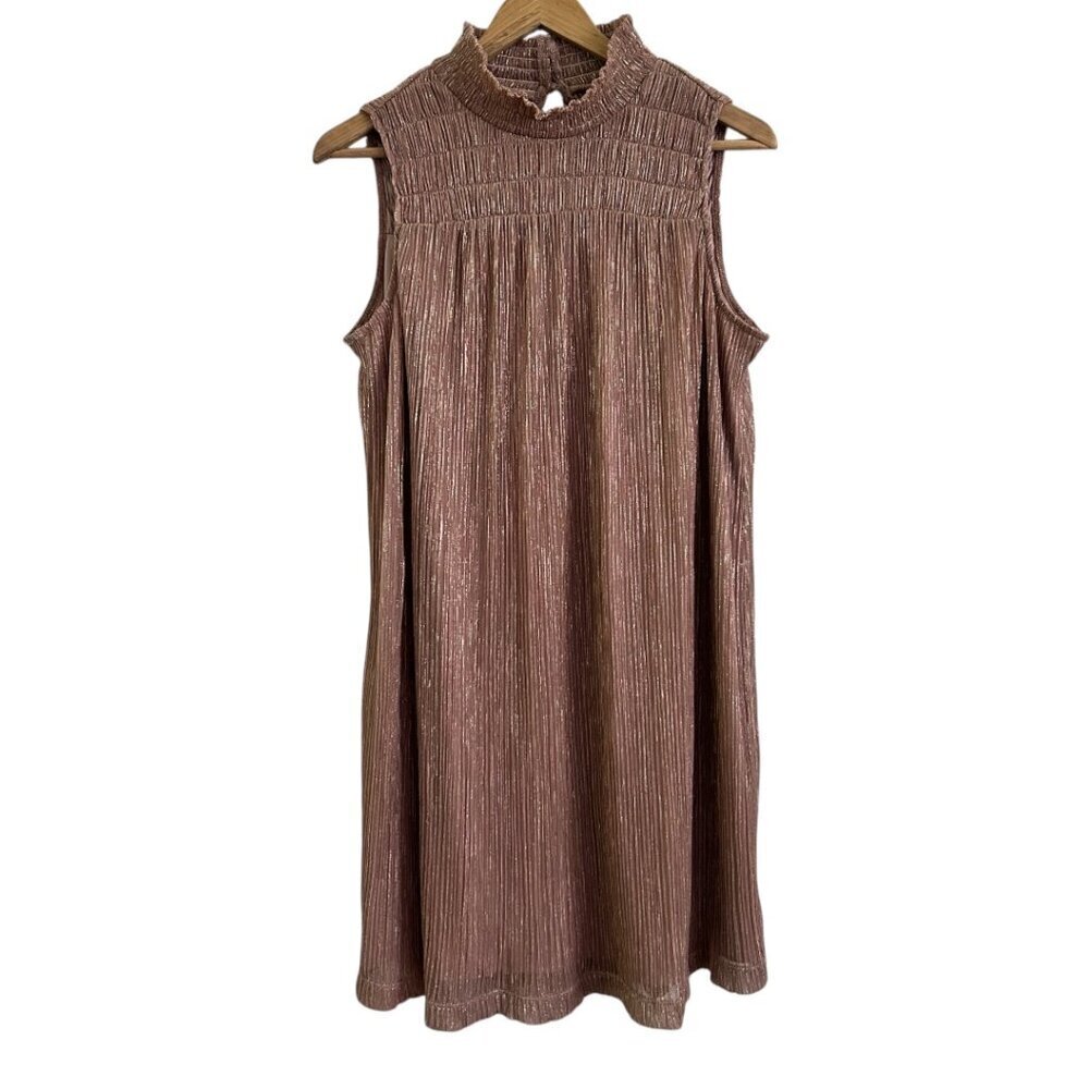 Women's Nine West Mauve Pink and Gold Mockneck Shift Ribbed Dress - Small